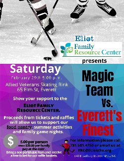 Skates, hockey sticks, and a puck at the top of a promotional flyer